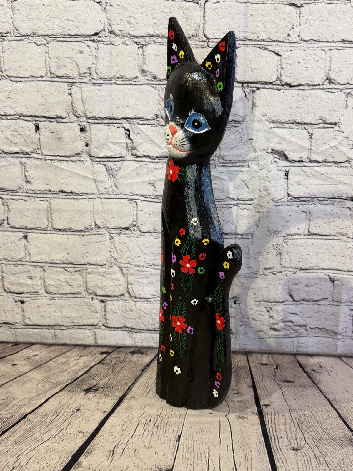 50cm Black Mix Flower Wooden Shabby Cat Statue Ornament Fair Trade Handcarved1