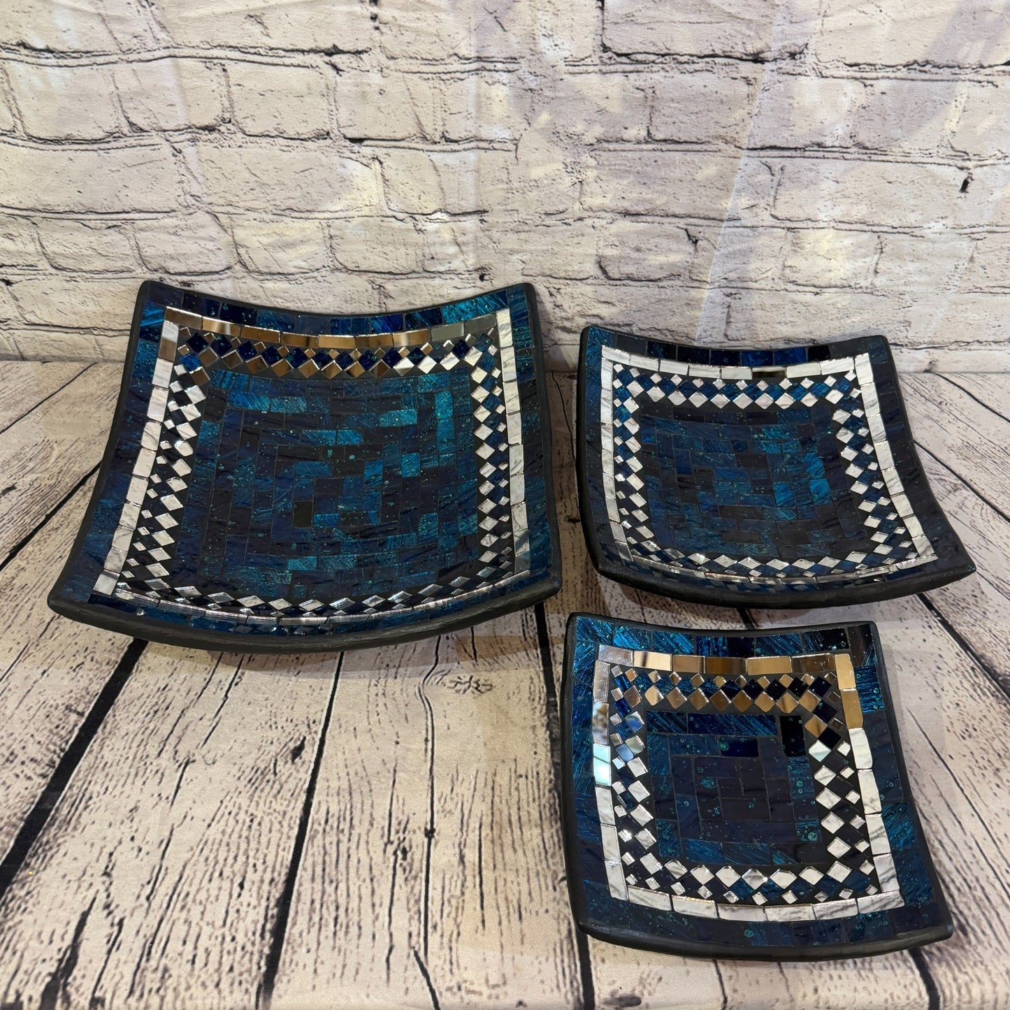 25cm Indigo Blue Square Mirror Mosaic Handmade Ceramic Glass Tile Bowl Fruit4