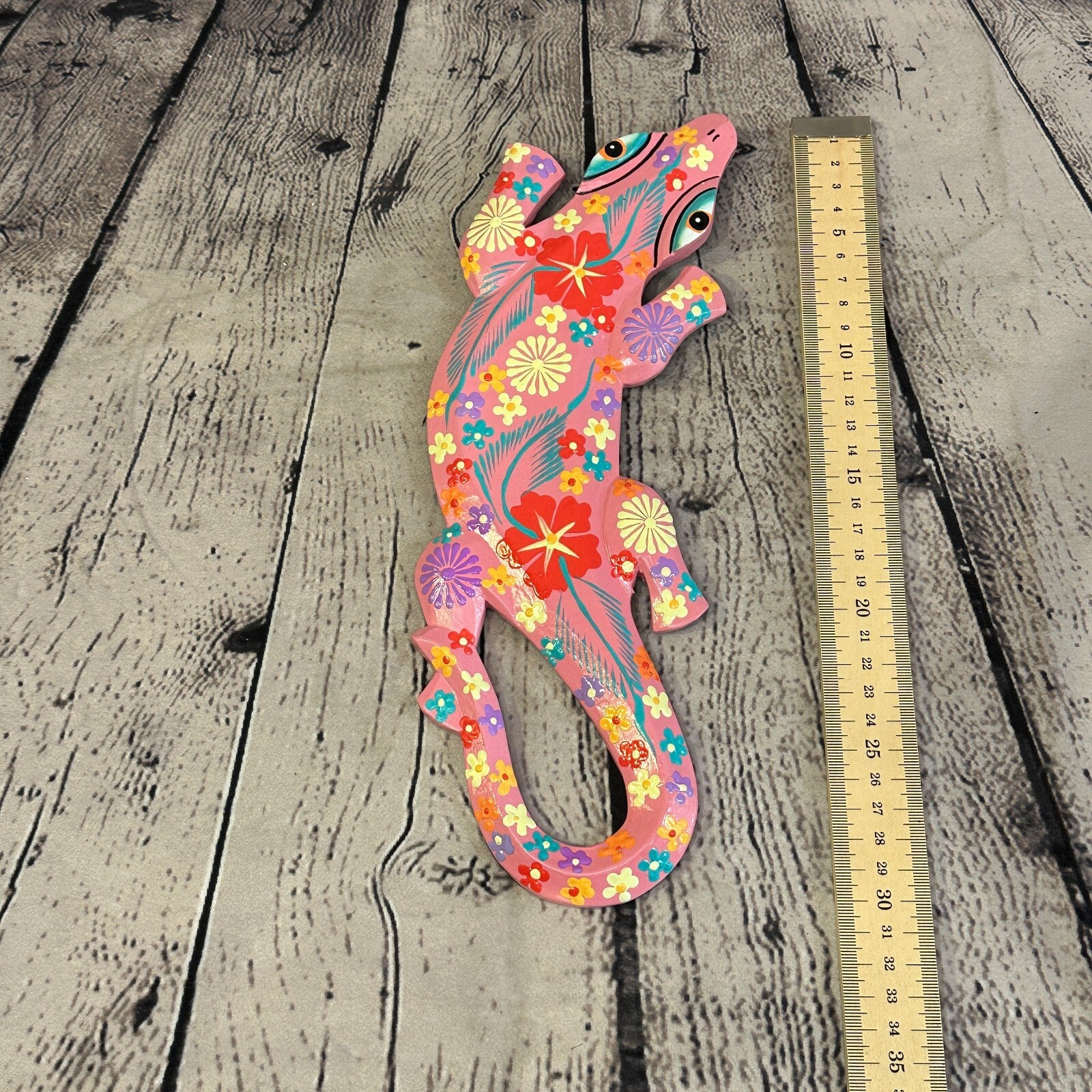30cm Gecko Lizard Pink Flower Wood Wall Hanging Wooden Ornaments Carving4