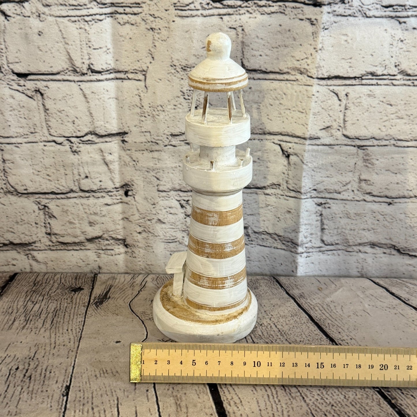 25cm Cream White Wooden Lighthouse Detailed Ornament Nautical Coastal Sculpture5