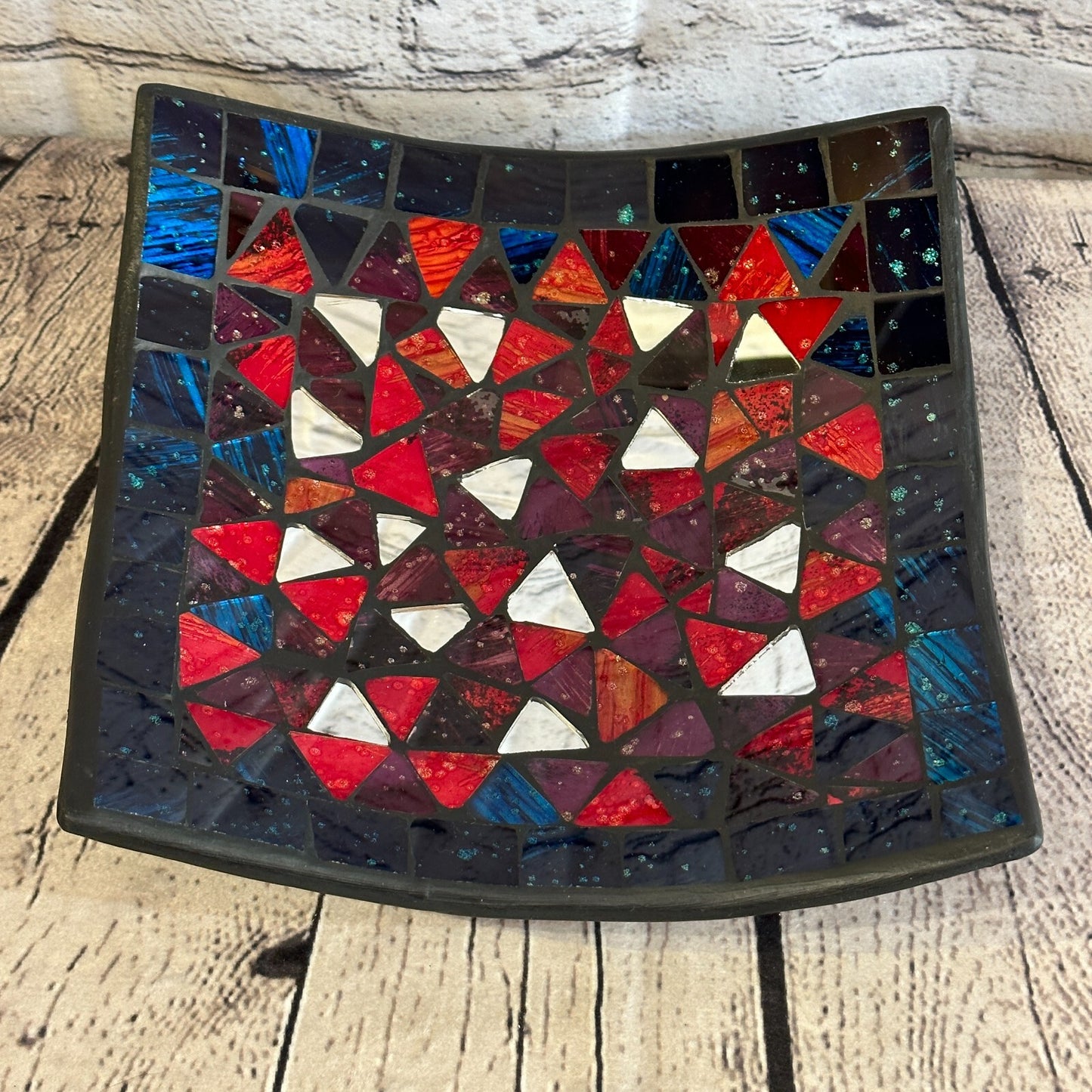 25cm Red Blue Silver Shards Square Mosaic Handmade Ceramic Glass Tile Bowl Fruit0