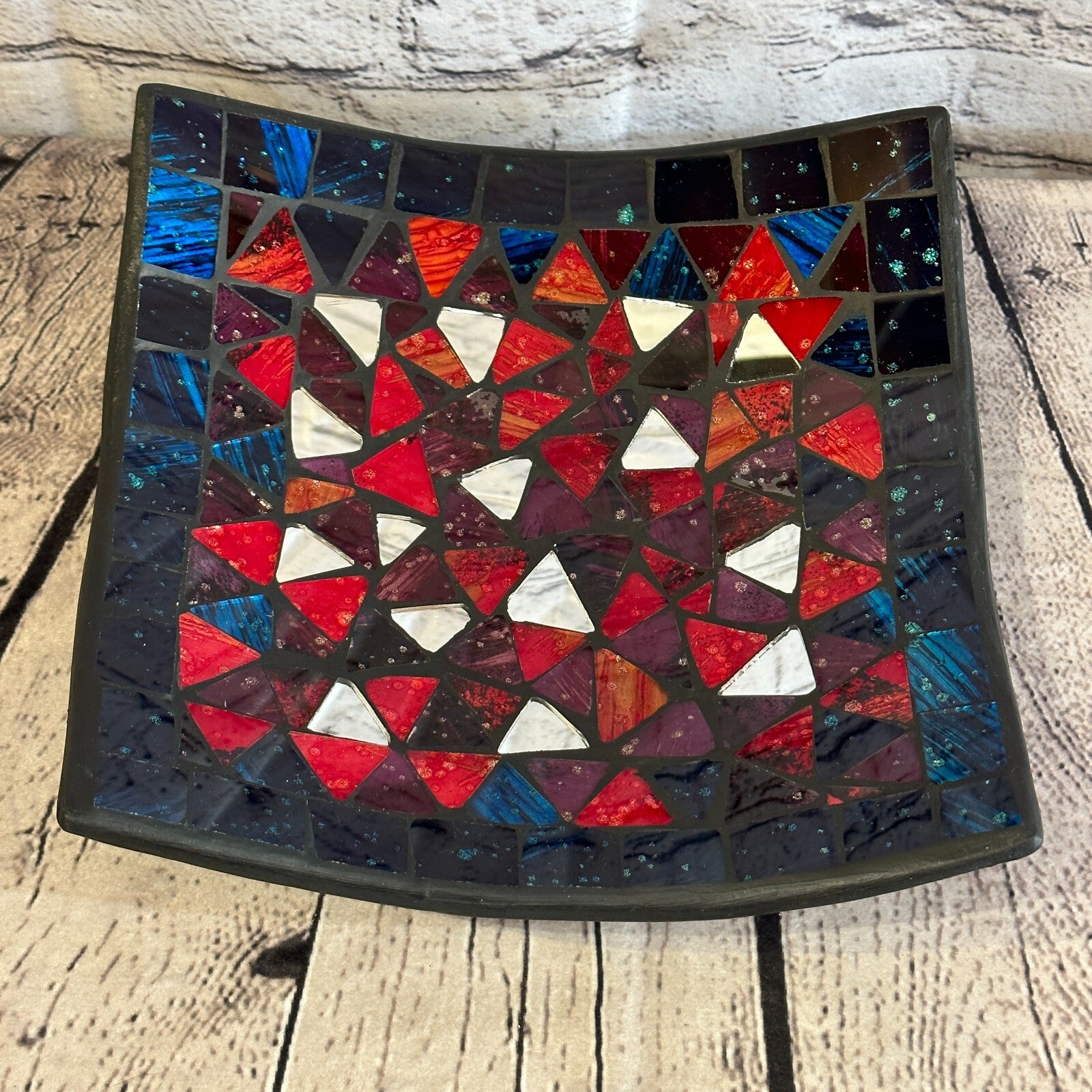 25cm Red Blue Silver Shards Square Mosaic Handmade Ceramic Glass Tile Bowl Fruit0