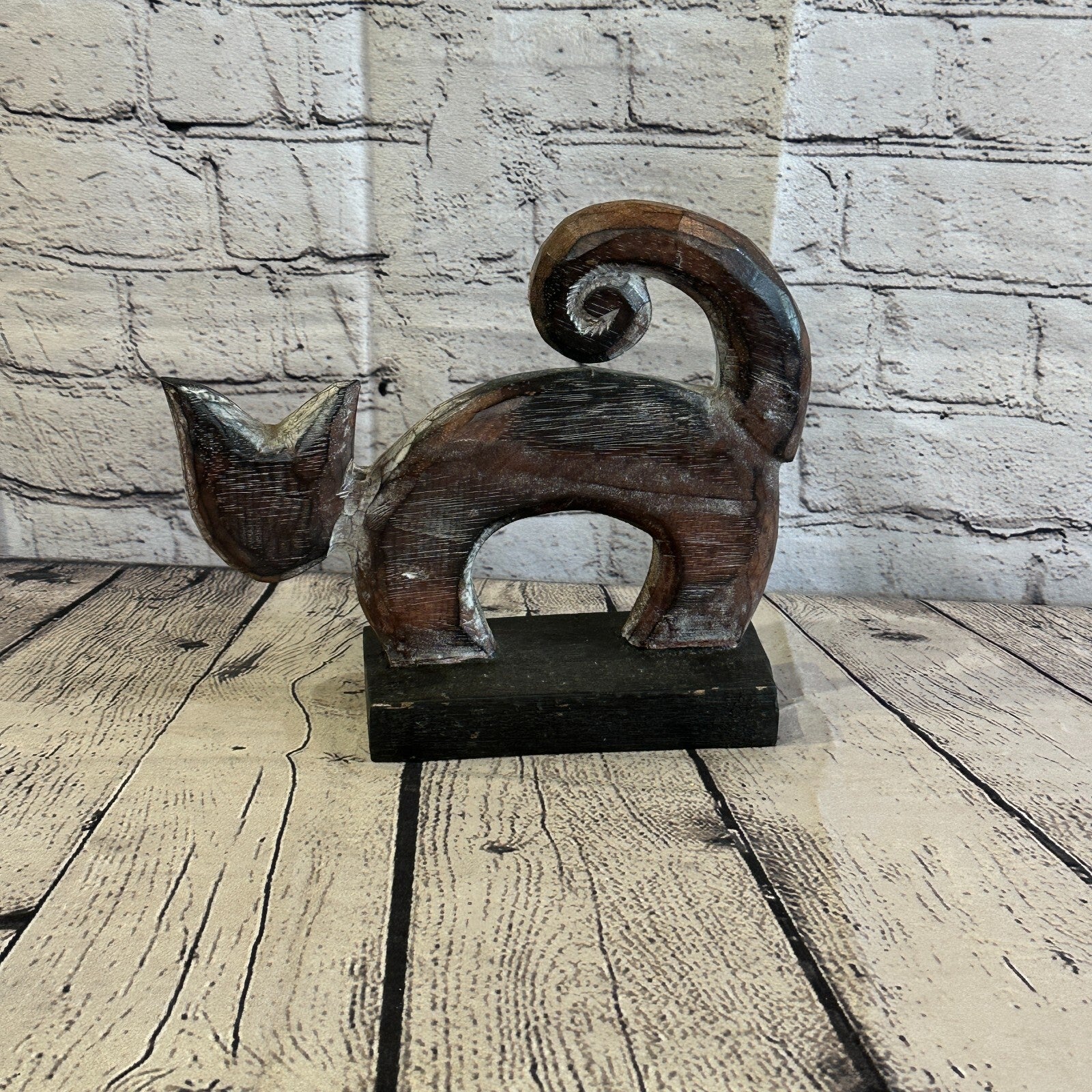 22cm x 20cm  Wooden Tribal Primitive Black Cat Stand Sculpture Statue Art4