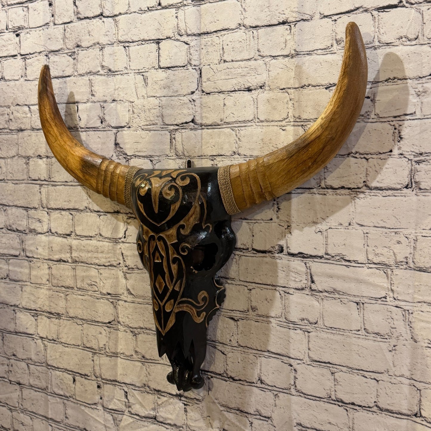 60cm x 60cm Brown Light Painted Wood Cow Skull Head Wall Mounted Art Shabby1