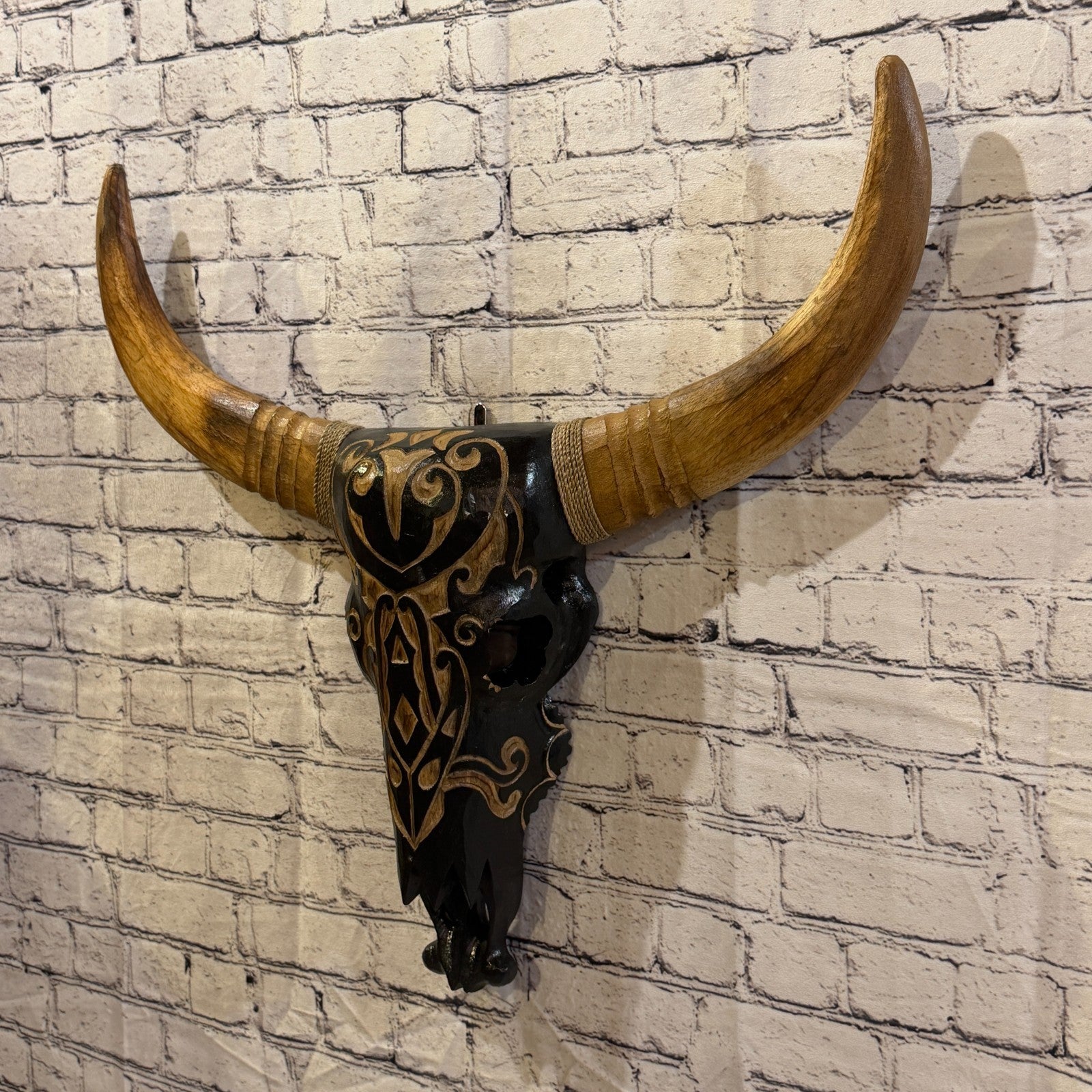 60cm x 60cm Brown Light Painted Wood Cow Skull Head Wall Mounted Art Shabby1