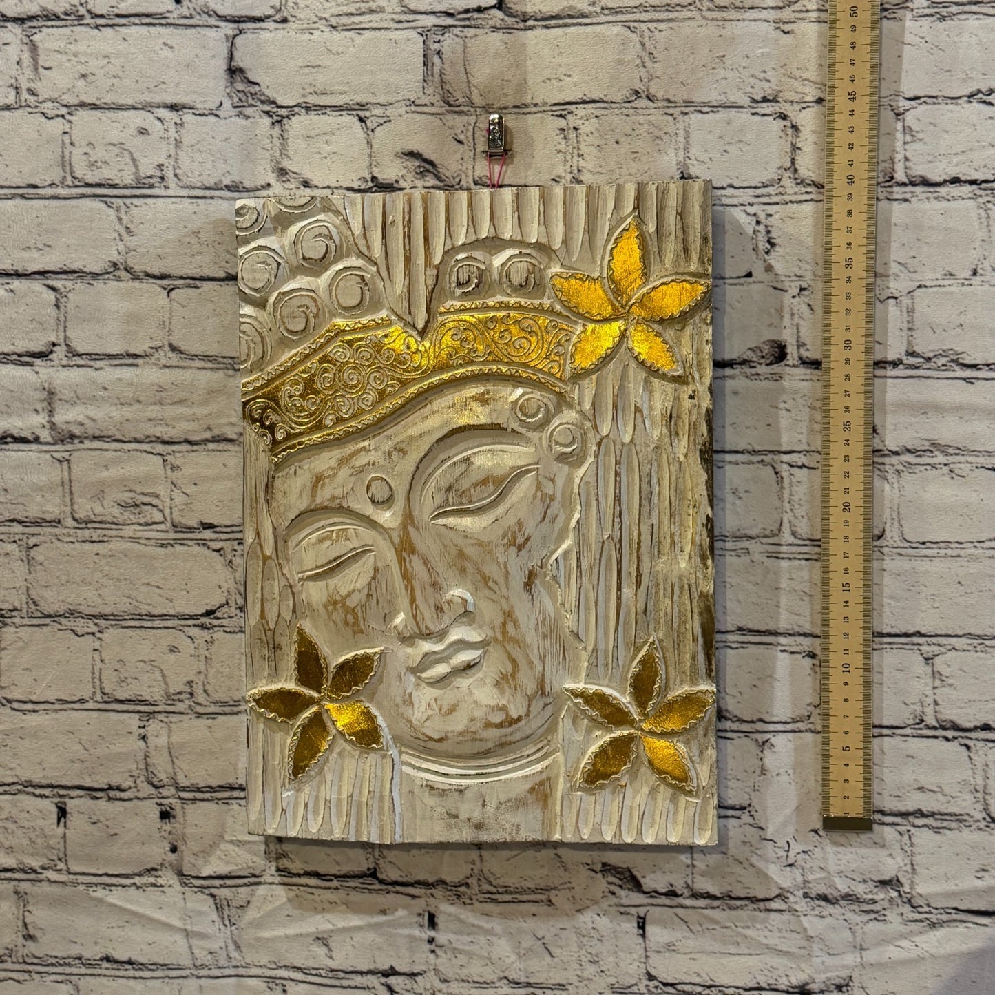 Wooden Wood Panel 40cm Gold Cream Buddha Flower Wall Art Plaque Handcarved4