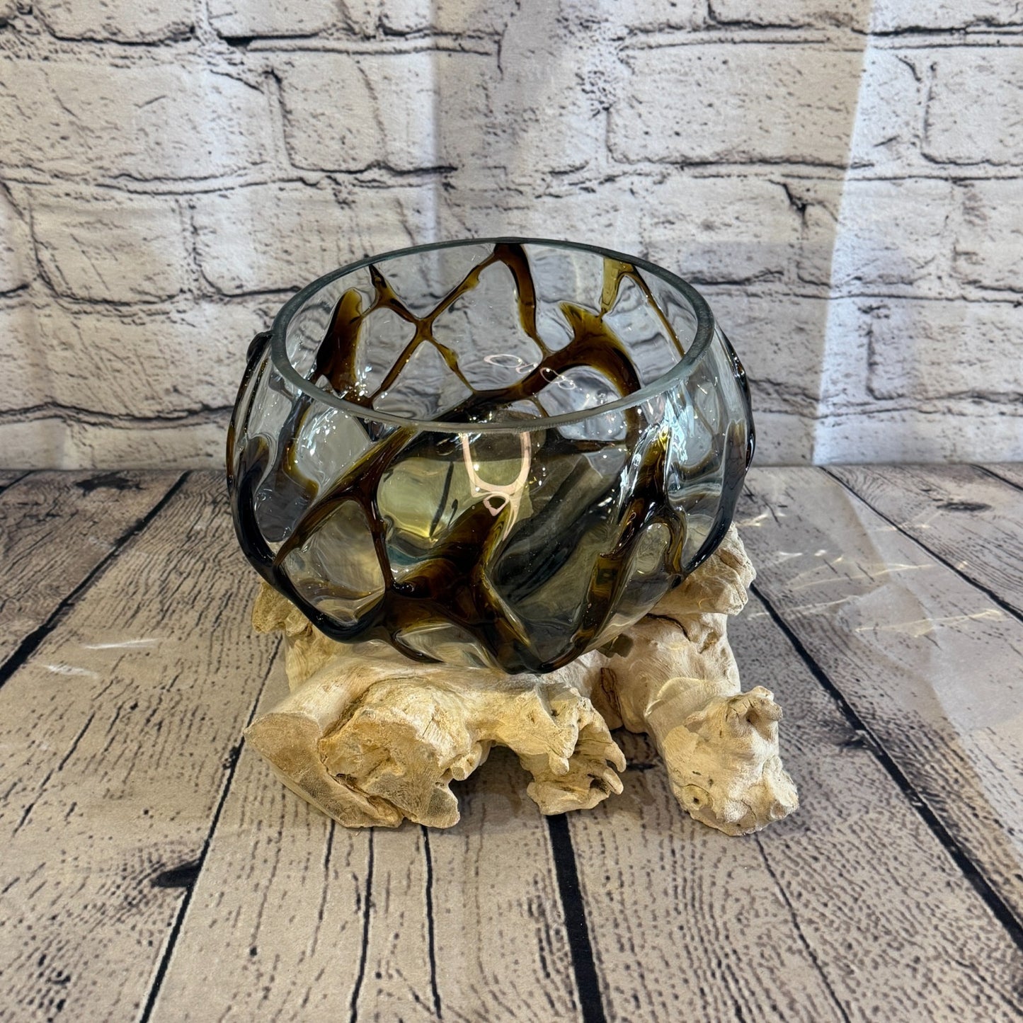 30cm Long Brown Streak Melted Glass Wood Decorative Bowl Glass Sculpture Crafted3