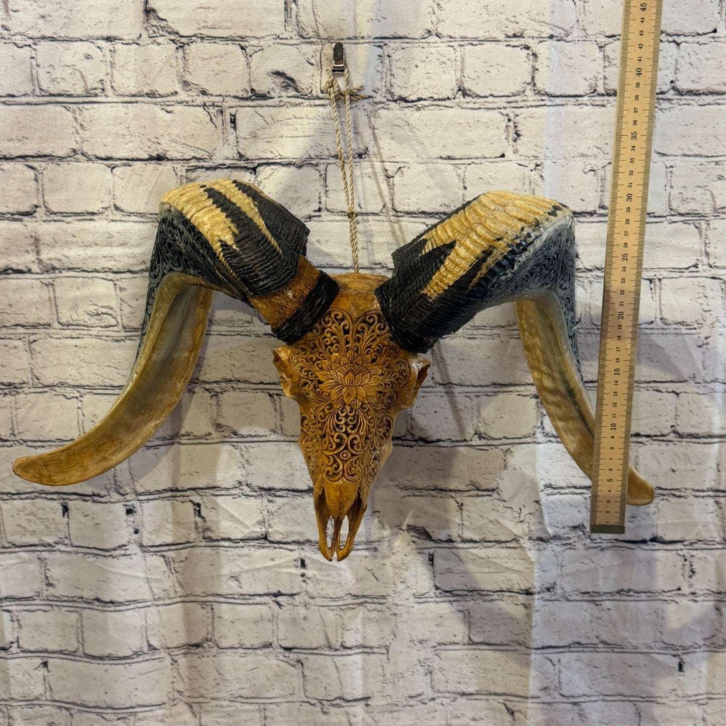 30cm Carved Buffalo Ram Wild Skulls Wall Hanging Carved With Stand Design 35