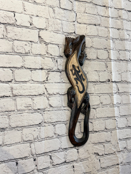 50cm Gecko Gecko Carved Wooden Brown Work Painted Ethnic Tribal Tiki Wall Art0