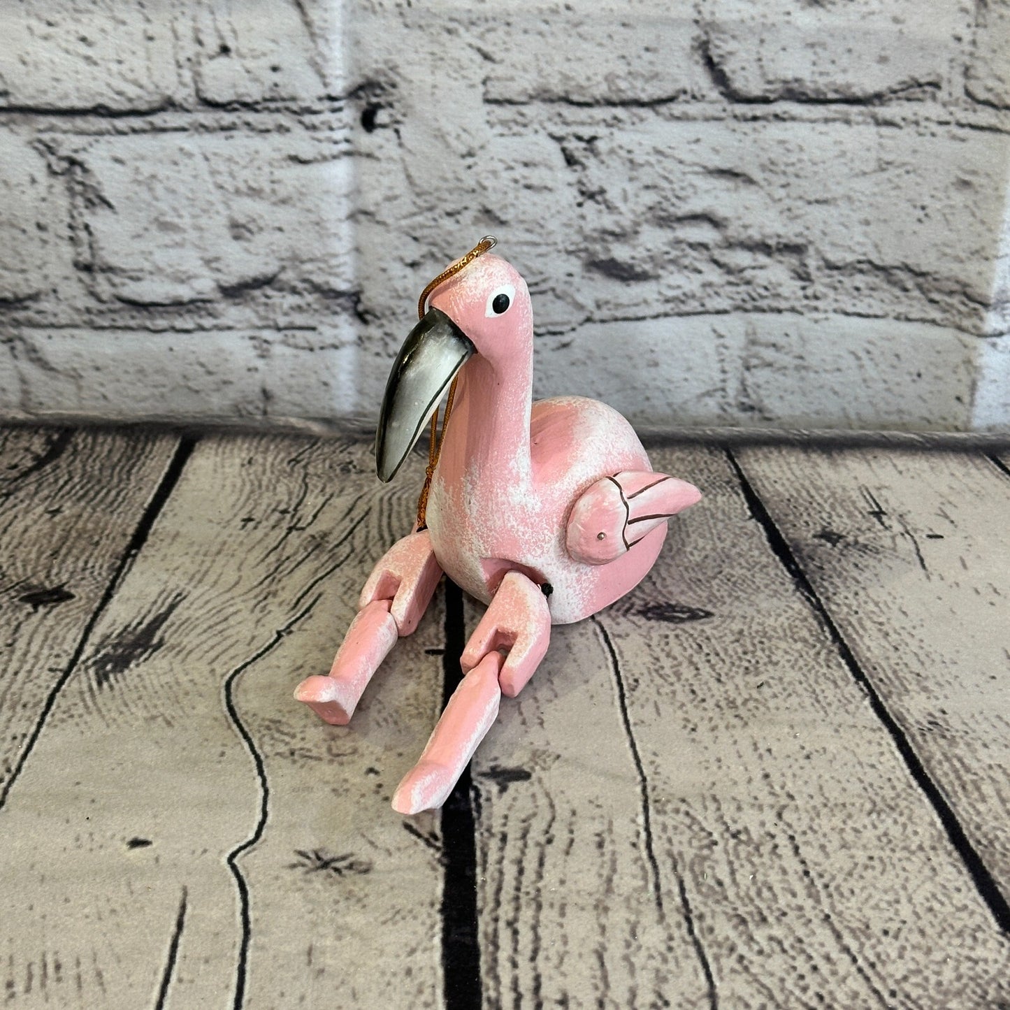 10cm Pink Flamingo Sitting Animal, Wooden Shelf Ornament Handmade and Fairtrade0