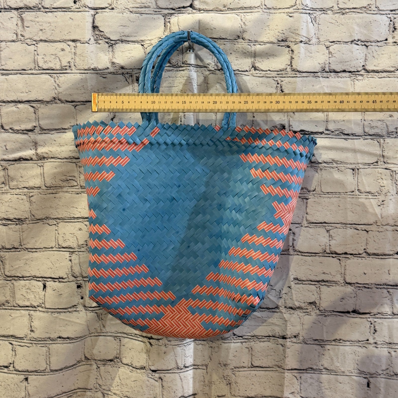 Red Blue 40cm Handwoven Tote Bag Recycled Plastic Eco-Friendly Market Beach3