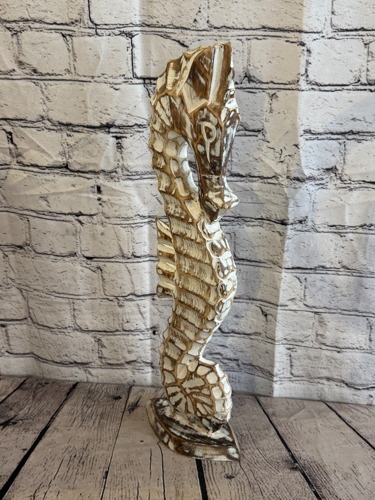 50cm Brown Wooden Shabby Seahorse Statue Ornament Fair Trade Handcarved2