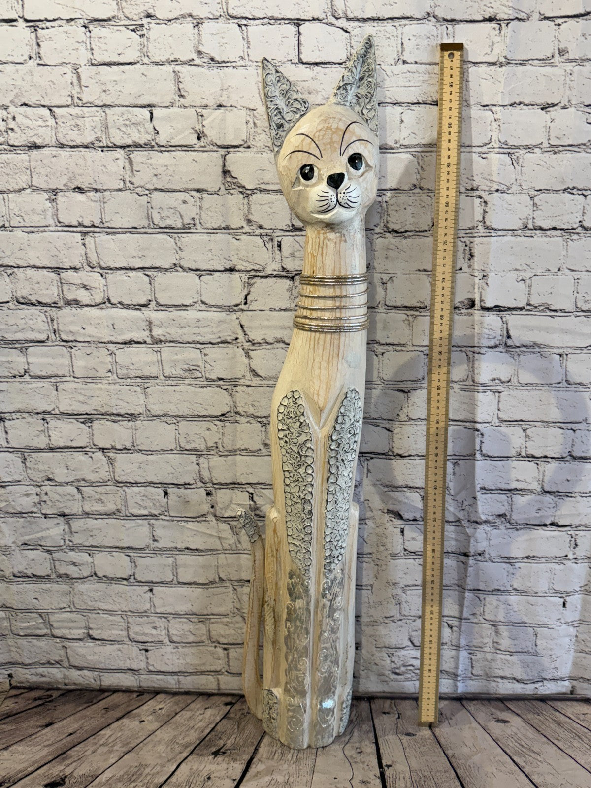 100cm White Silver Dots Wooden Shabby Cat Statue Ornament Fair Trade Handcarved5