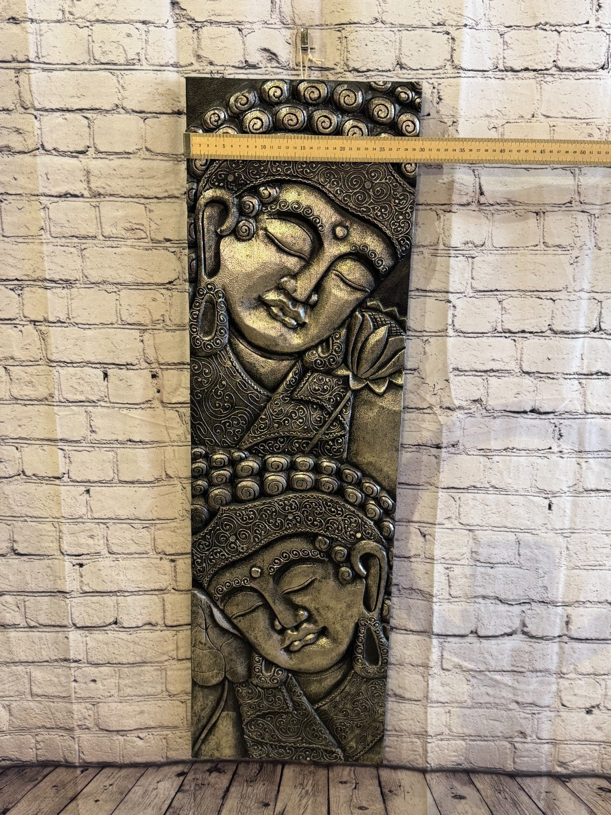 100cm x 30cm Silver Black 2 Buddha Wall Art Plaque Handcarved Wooden Wood Panel3