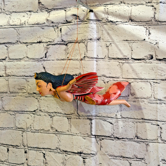 30cm Red Sita Hindu Folk Art Carved Wood Flying Winged Mobile Spirit Guardian0