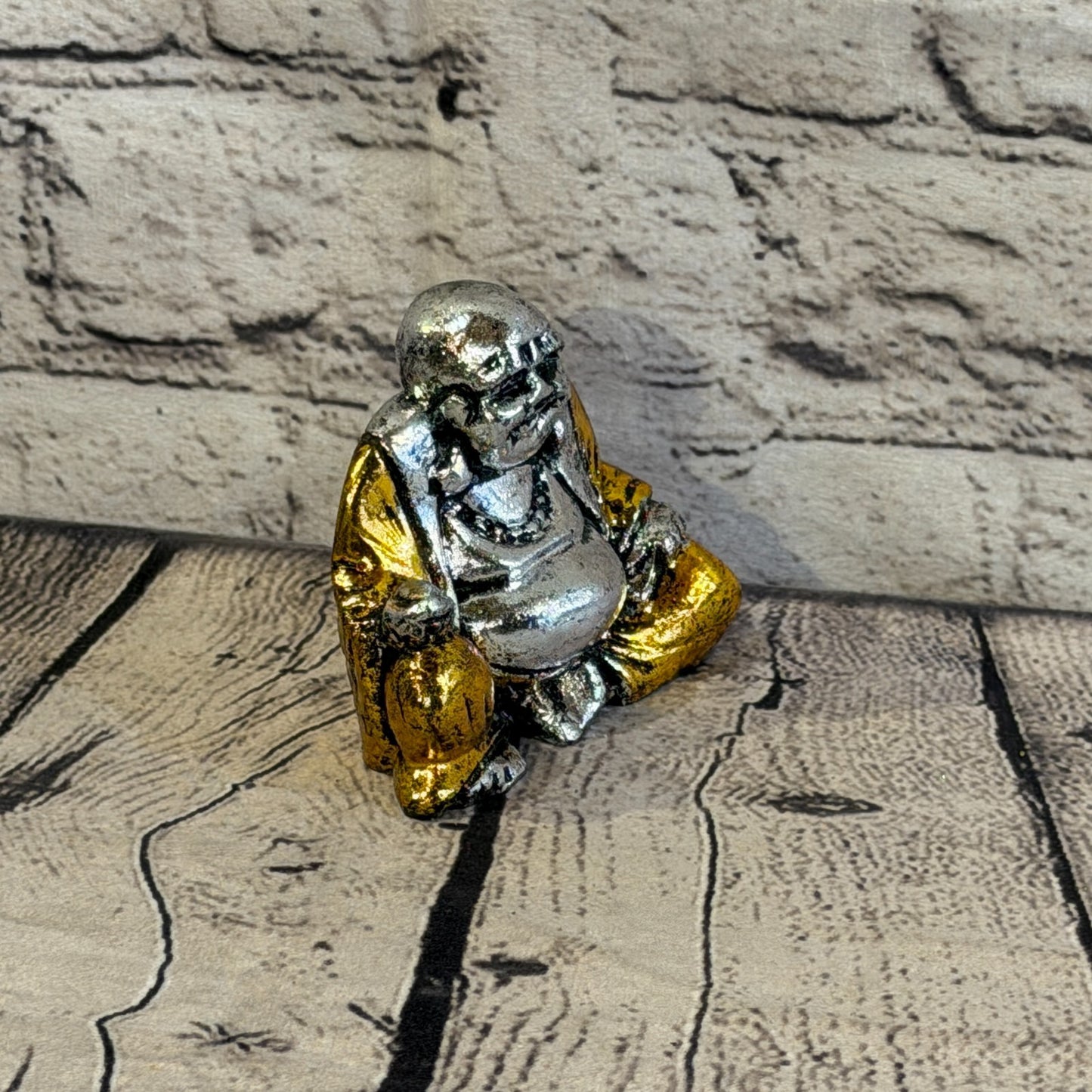 Silver And Gold 10cm x 10cm Small Chinese Buddha Sitting On Lotus Statue Resin2