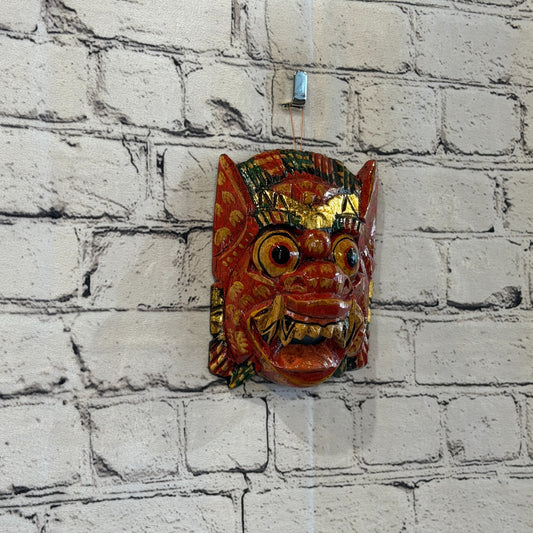 Small Wooden Red Barong Wall Mask 12cm x 12cm Handmade And Fairtrade Hindu0