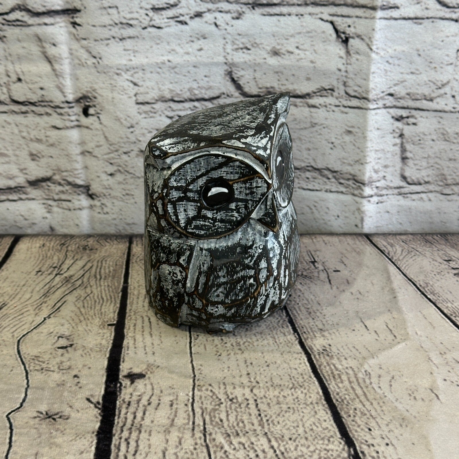 12cm x 10cm Black Flower Wooden Shabby Owl Statue Ornament Fair Trade Handcarved2