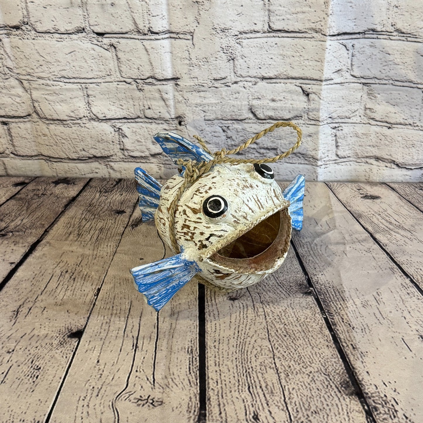White Blue Fins Folk Art Painted Shark Fish Coconut Shell Ornaments Hanging2