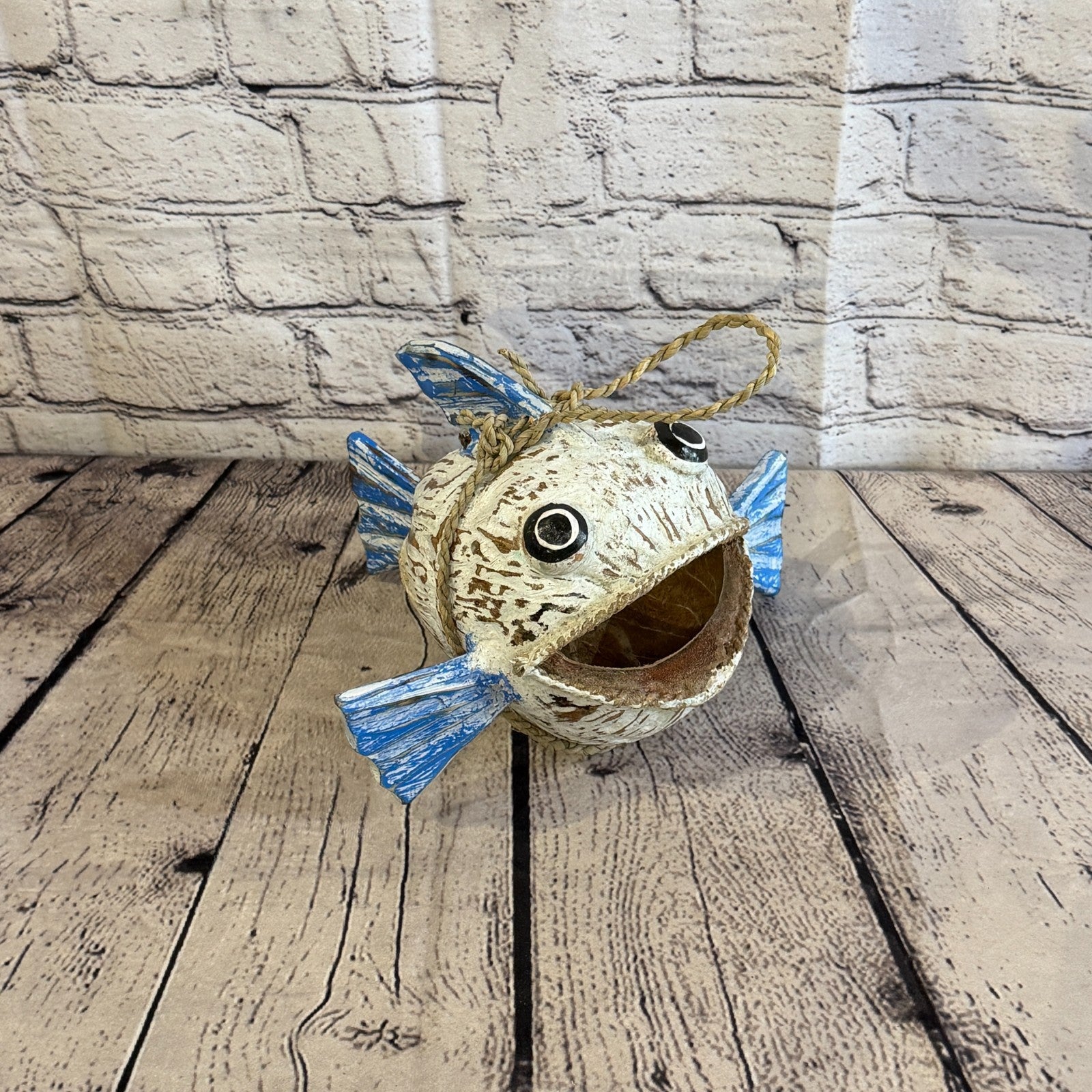 White Blue Fins Folk Art Painted Shark Fish Coconut Shell Ornaments Hanging2