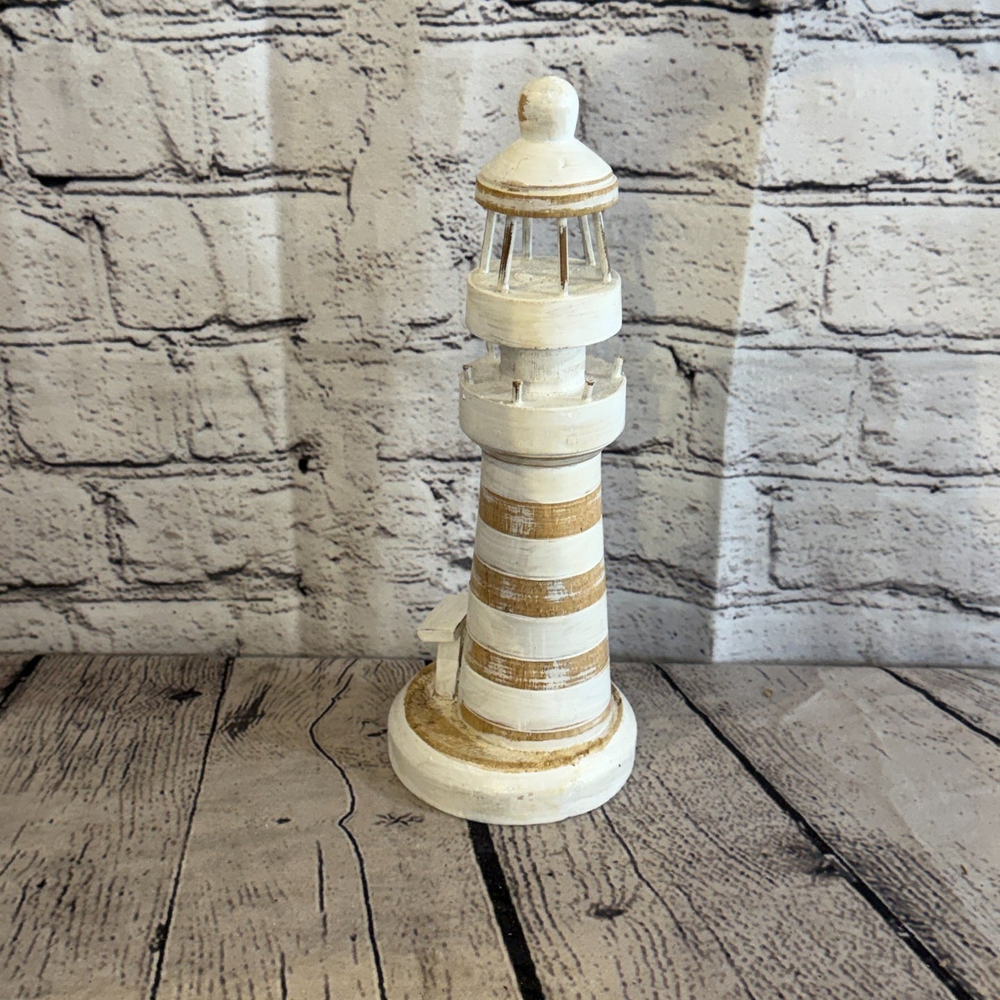 25cm Cream White Wooden Lighthouse Detailed Ornament Nautical Coastal Sculpture2