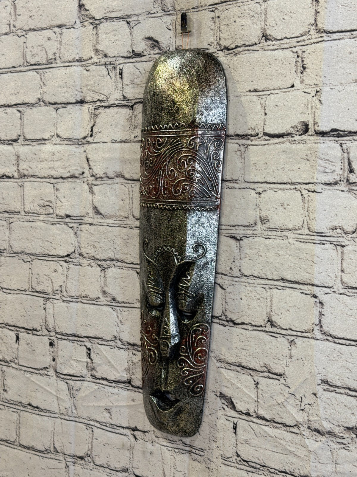 50cm Silver Painted Mask Carved Wooden Brown Work Ethnic Tribal Tiki Wall Art1