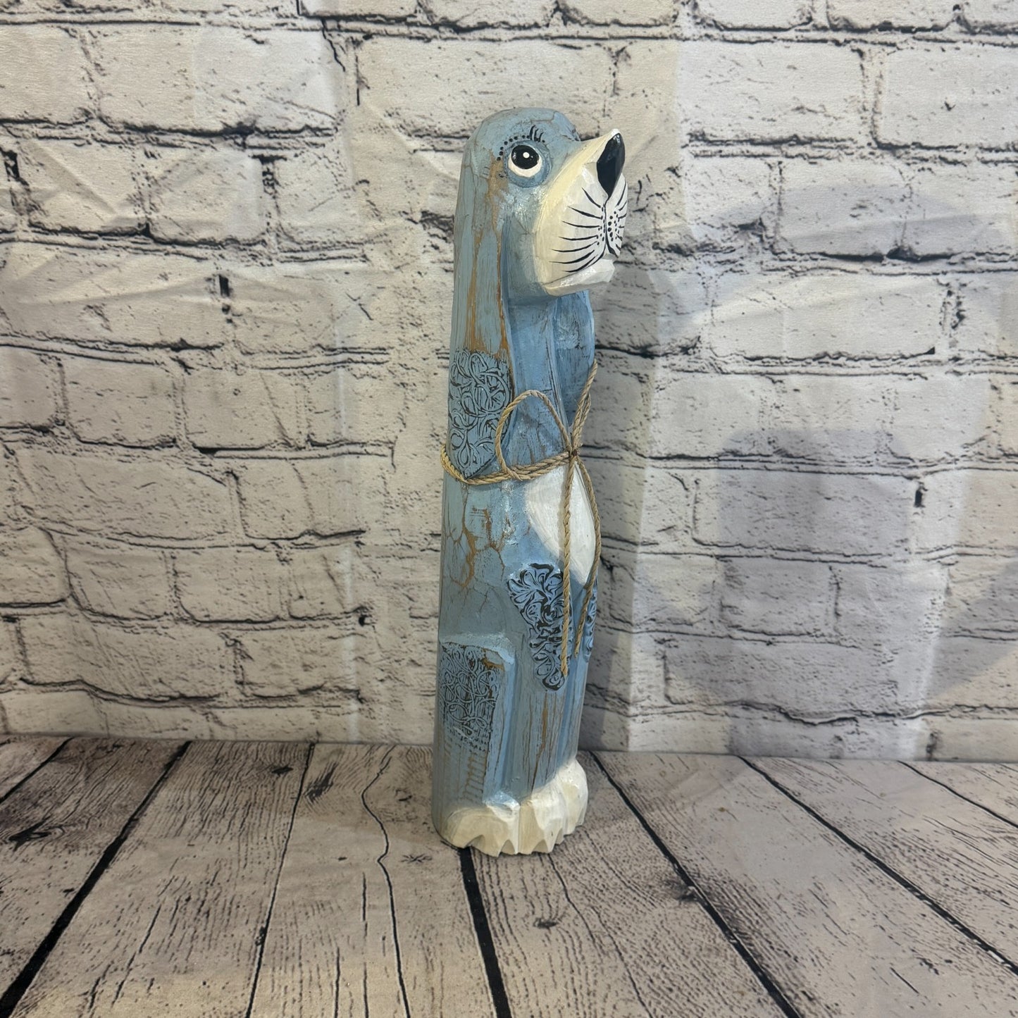 40cm Light Blue Wooden Shabby Dog Statue Ornament Fair Trade Handcarved2