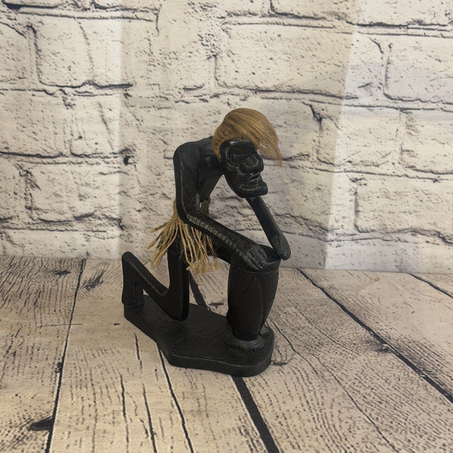 15cm Kneeling Drummer African Tribal Warrior Man Figure Statue Wood Hand Carved0