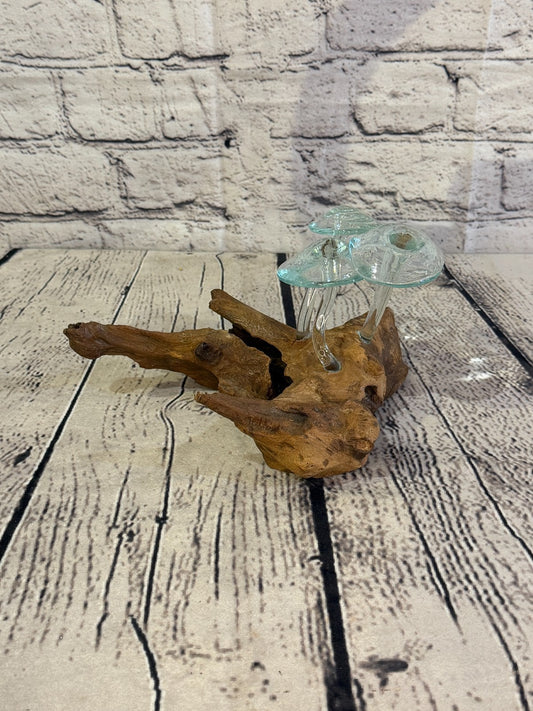 10cm Tall 3 Mushrooms Clear Colour Melted Glass Wood Decorative Glass Sculpture0