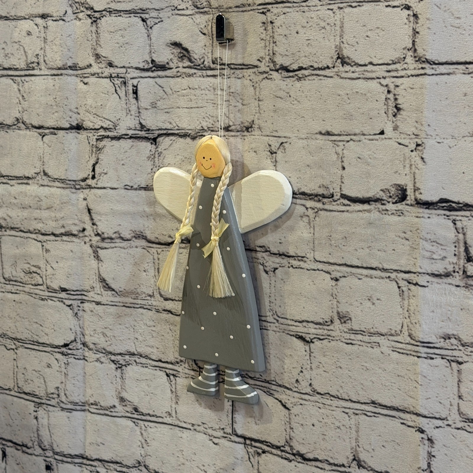 25cm Grey Wall Hanging Angel Figurine Folk Art Wood Fabric Baltic Handmade3
