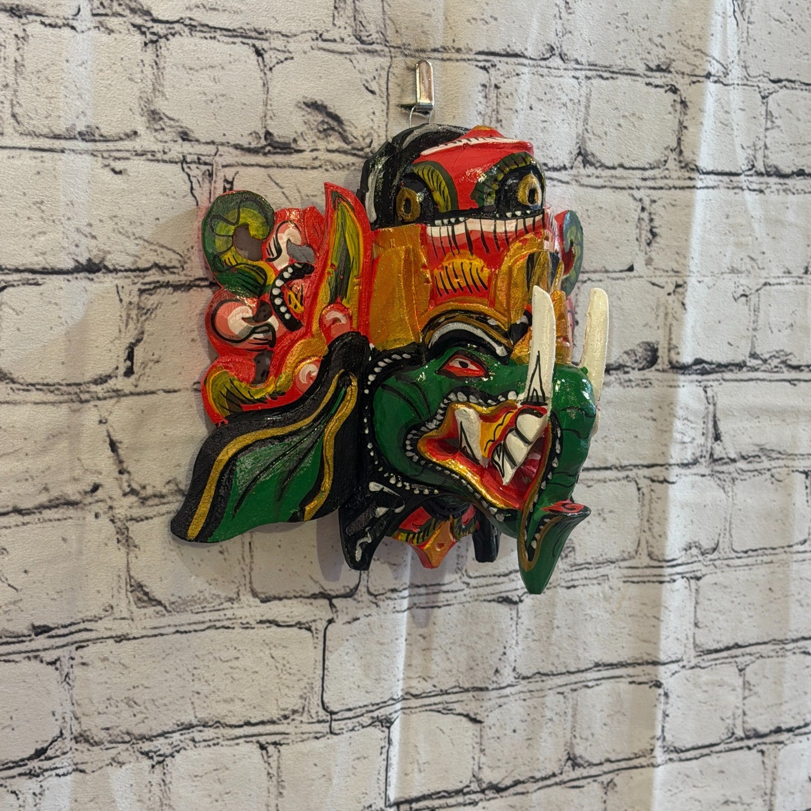25cm Ganash Ganesha Green Elephant Hindu Deity Wooden Hand Carved Mask Painted0