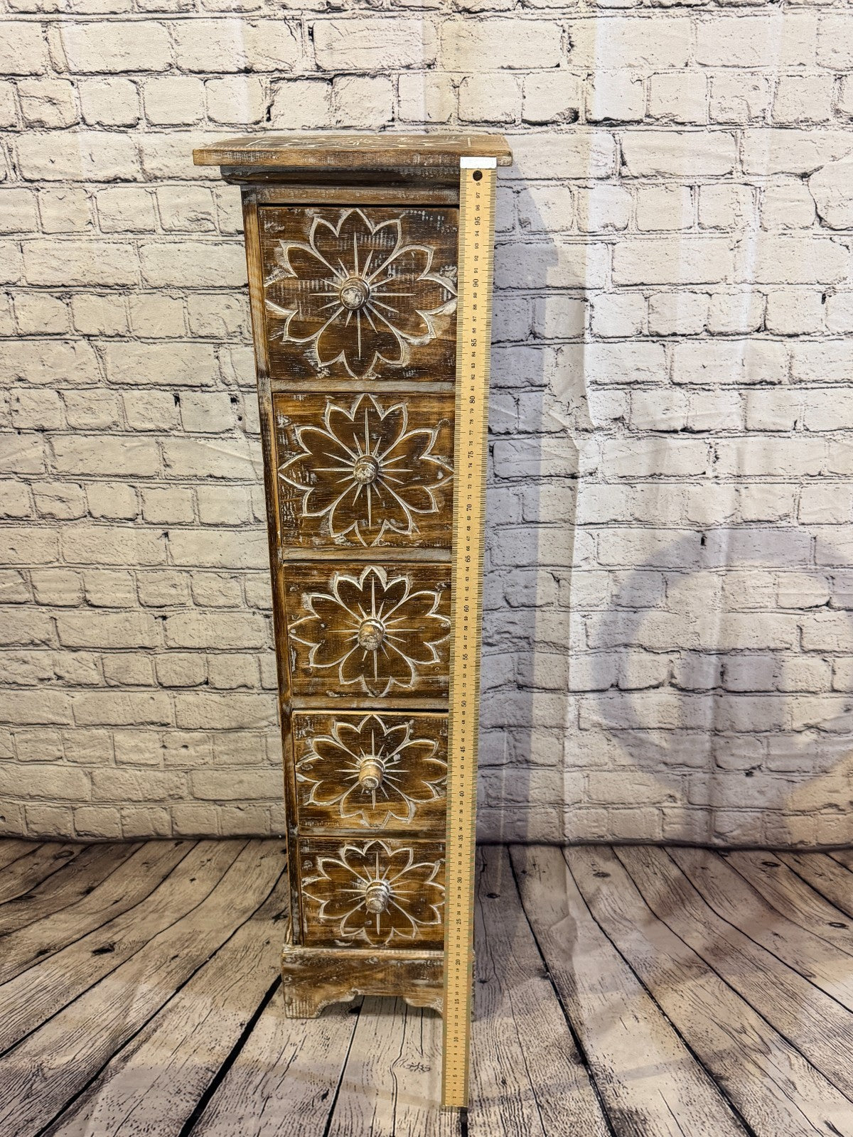 100cm x 25cm Brown 5 Draw Pillar Wooden Side Cabinet Living Storage Furniture5