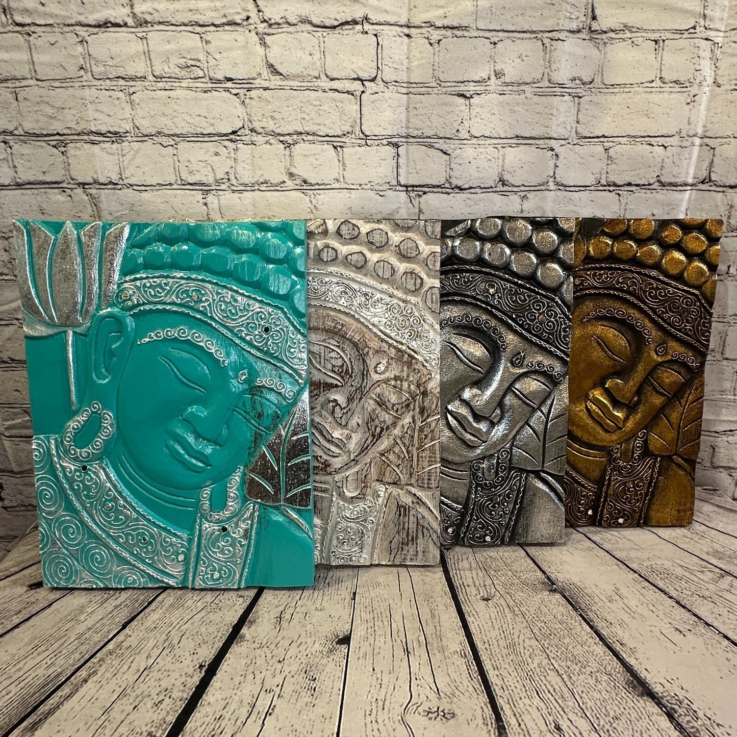 Wooden Wood Panel 40cm Brown Silver Buddha Tall Lotus Wall Art Plaque Handcarved6