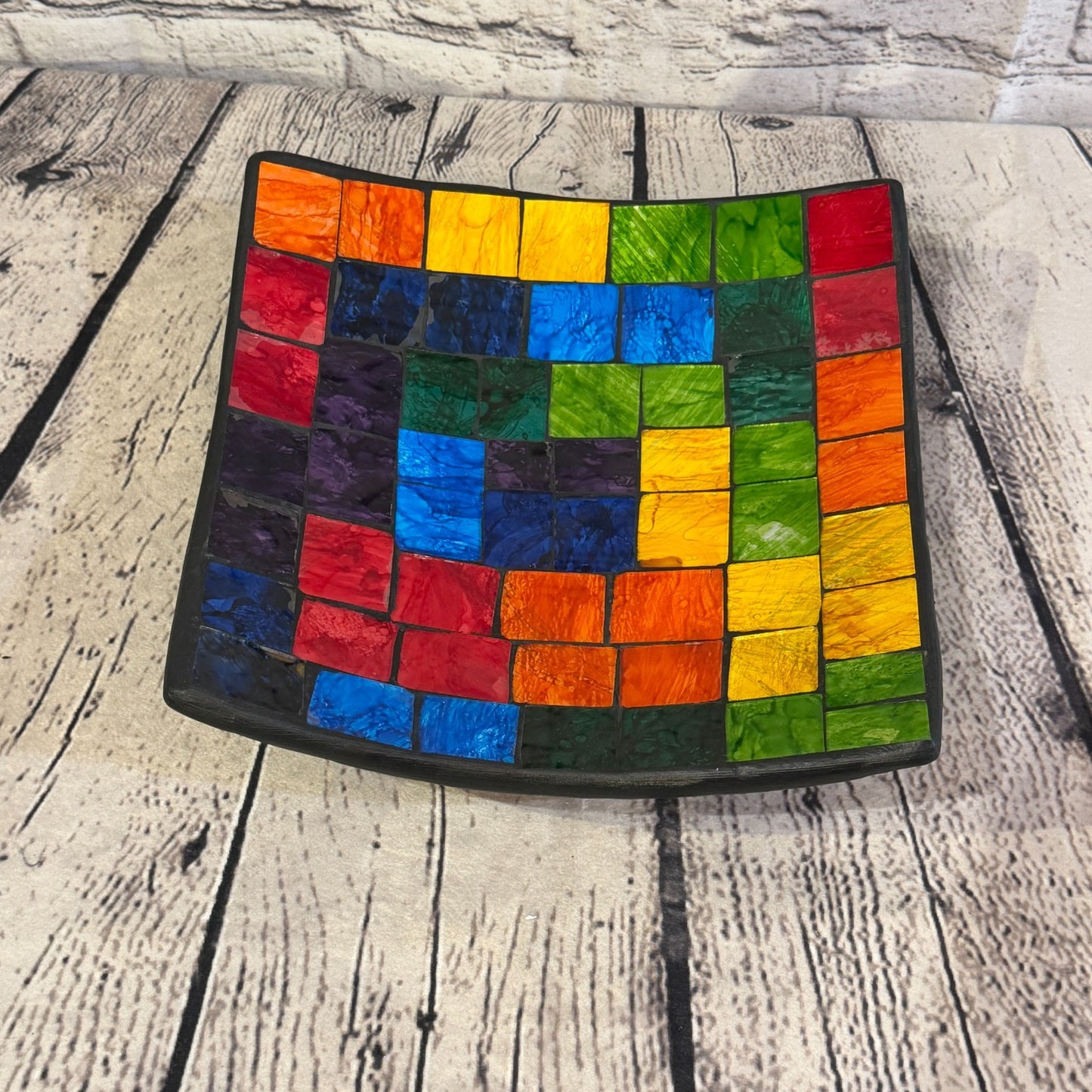 25cm Rainbow Block Square Mosaic Handmade Ceramic Glass Tile Bowl Fruit0