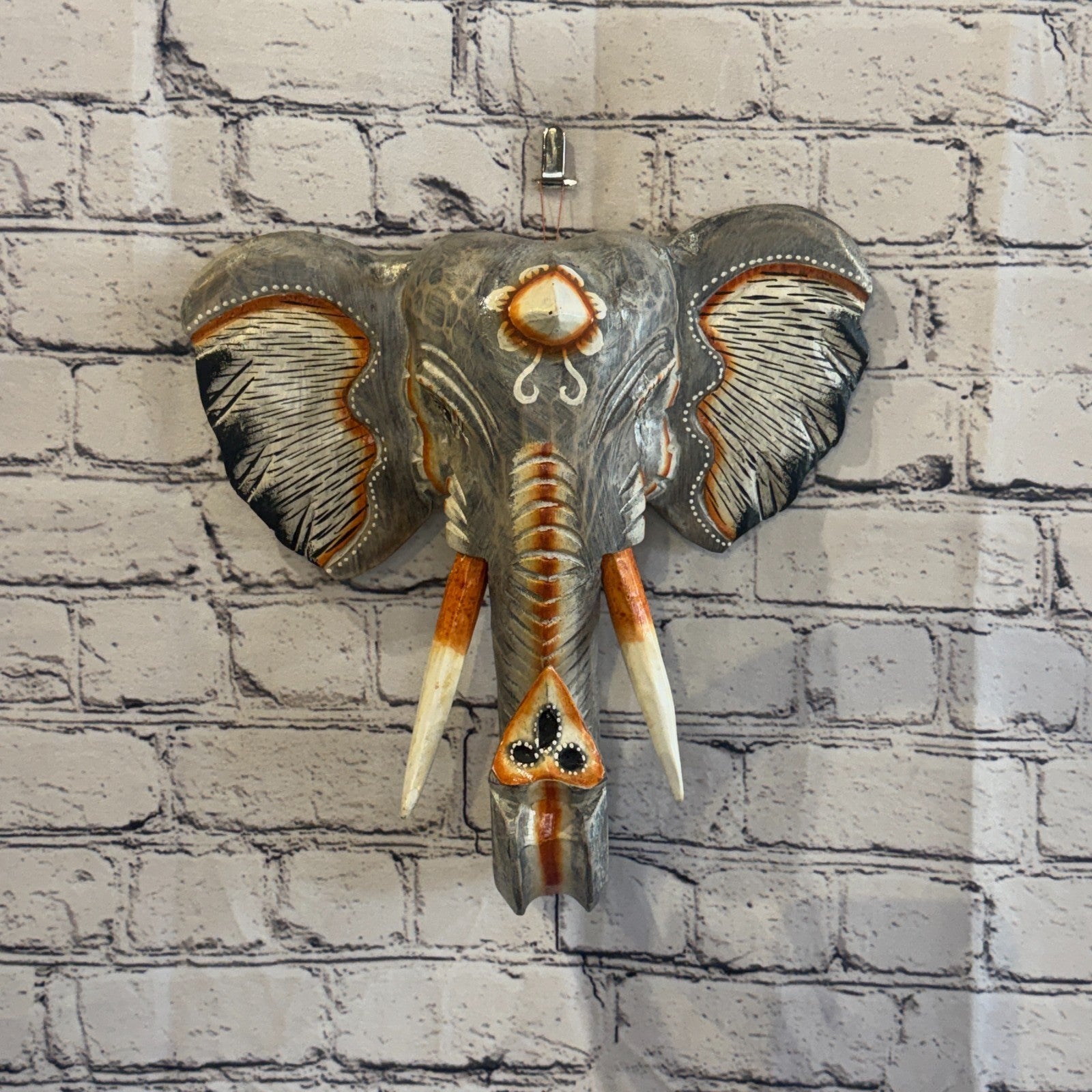 30cm x 30cm Grey Light Painted Wood Elephant Head Wall Mounted Art Shabby2
