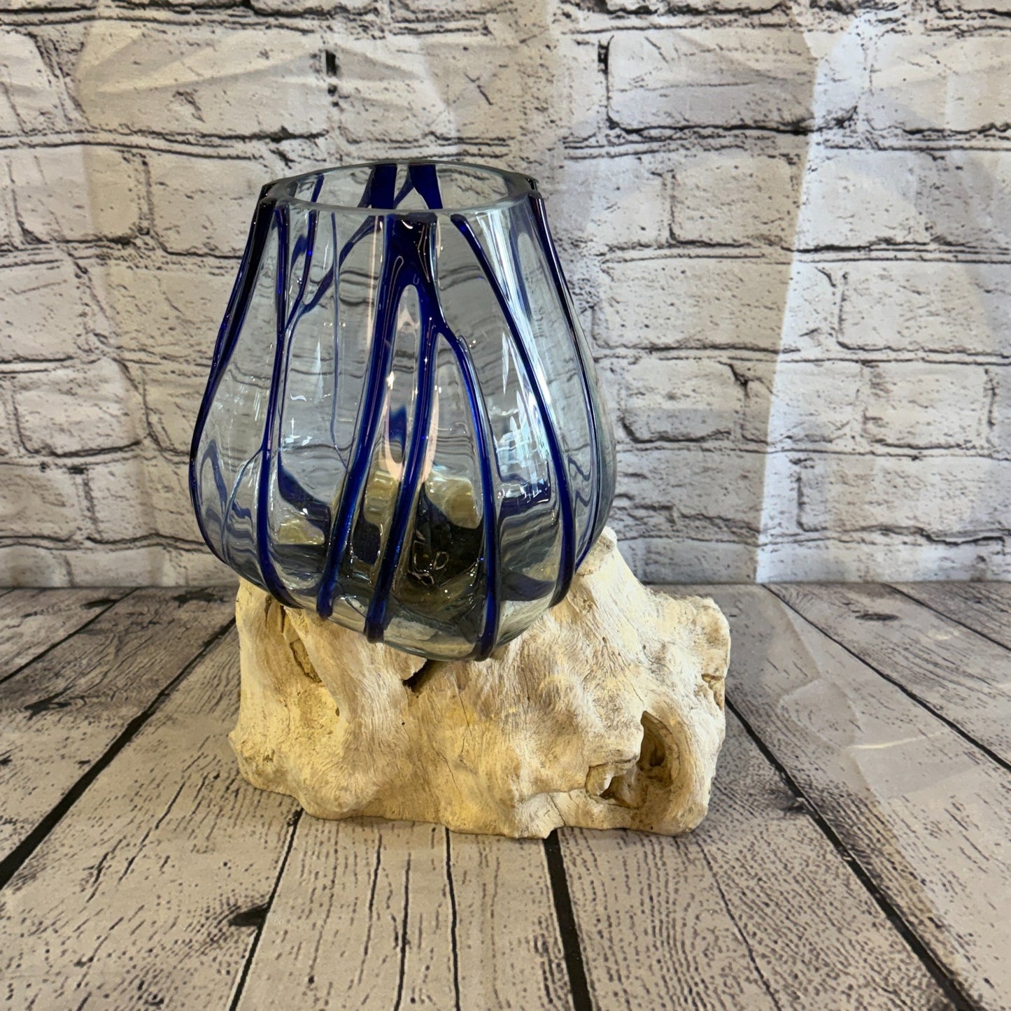 30cm Tall Blue Streak Melted Glass Wood Decorative Vase Glass Sculpture Crafted2