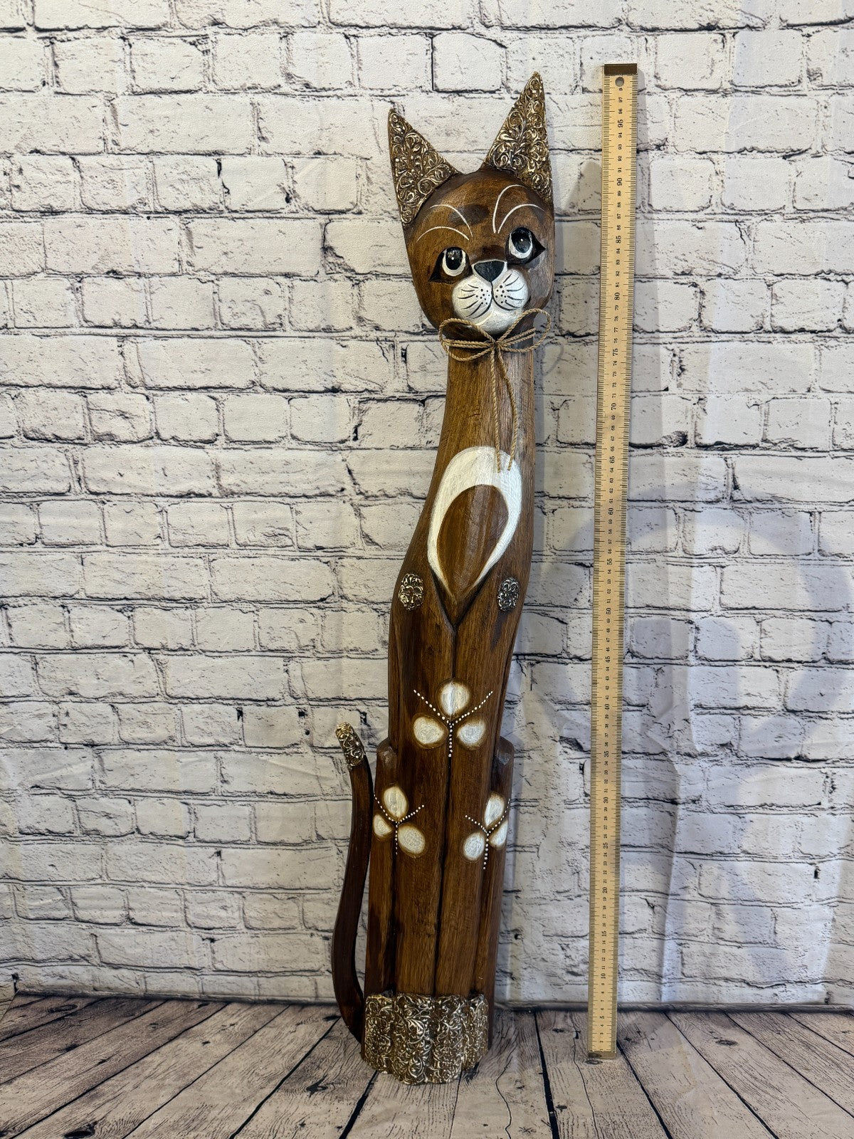 100cm Brown Silver Dots Wooden Shabby Cat Statue Ornament Fair Trade Handcarved5