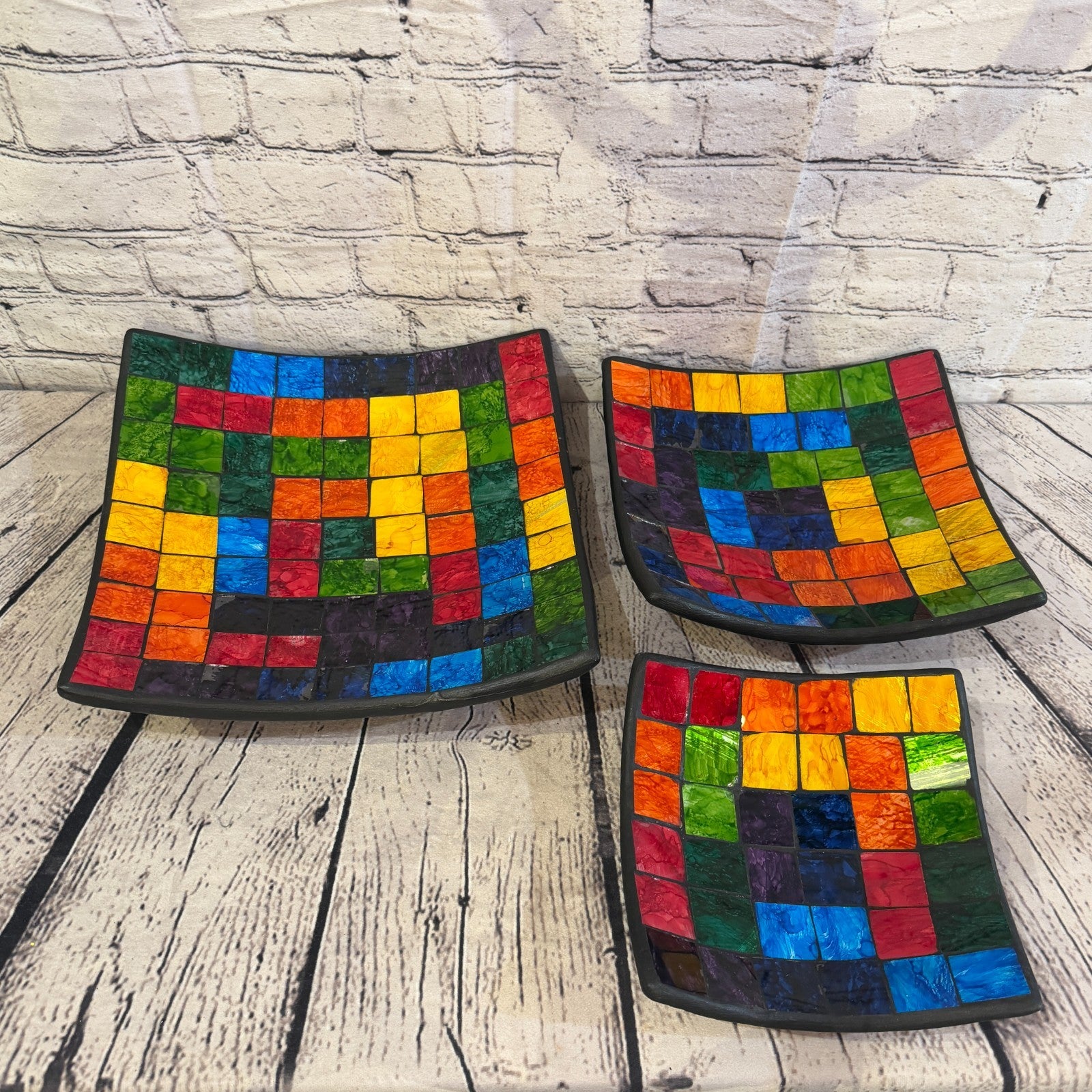 20cm Rainbow Block Square Mosaic Handmade Ceramic Glass Tile Bowl Fruit4