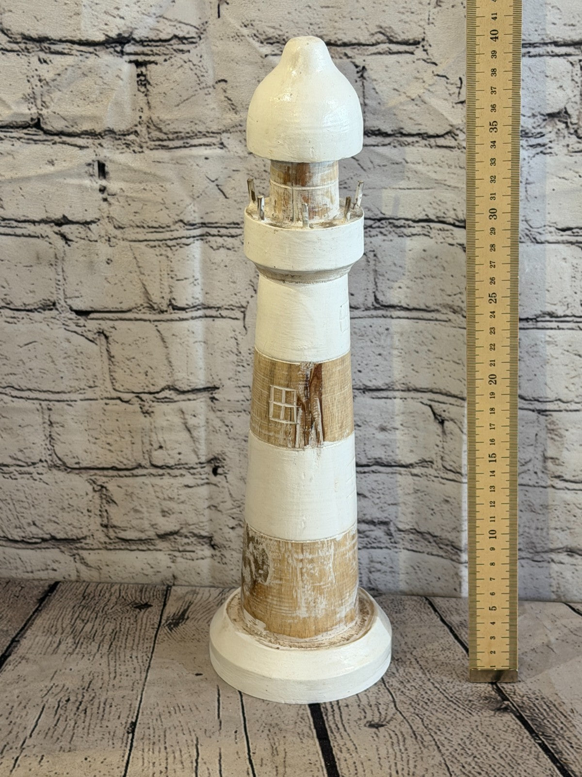 40cm Cream White Wooden Lighthouse Ornament Nautical Coastal Sculpture Statue3