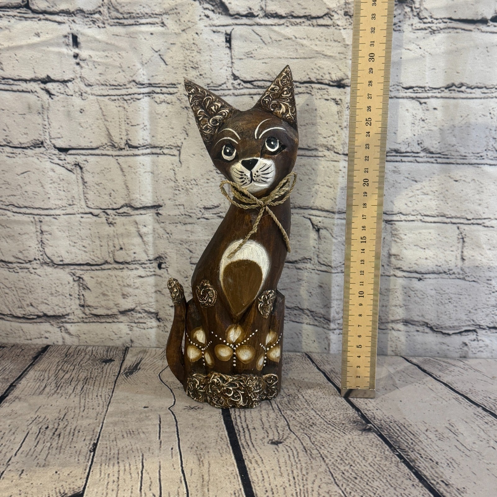 30cm Brown Silver Dots Wooden Shabby Cat Statue Ornament Fair Trade Handcarved5
