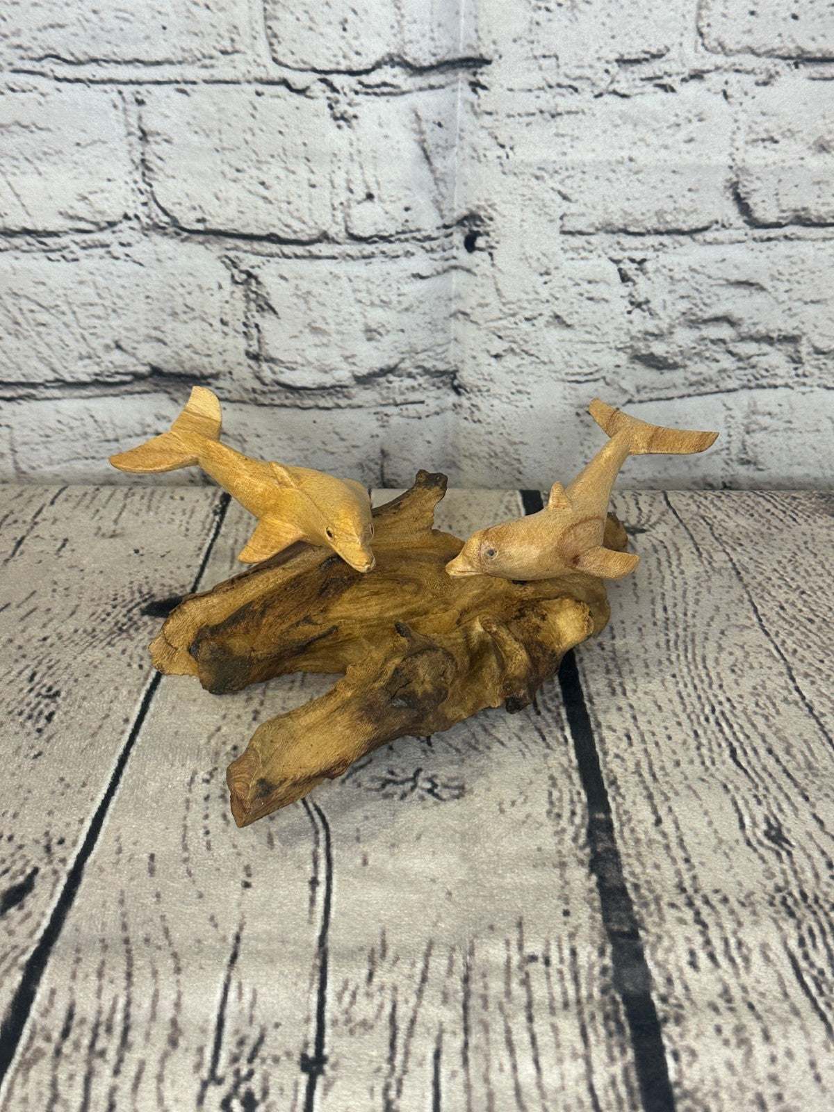 20cm Double Dolphin Mushroom Parasite Ornament Natural Carving Fairtrade Wooden0