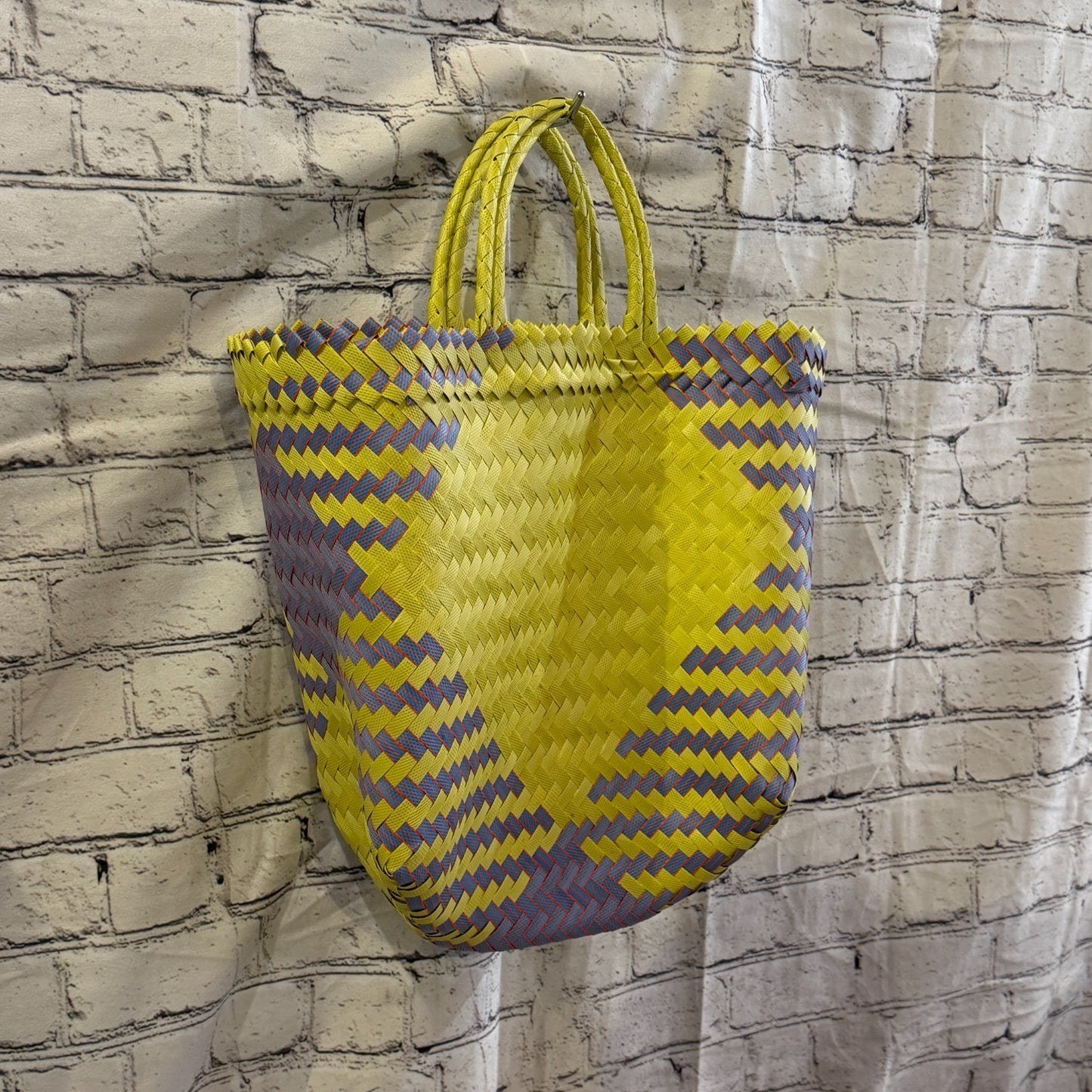 Yellow Purple 40cm Handwoven Tote Bag Recycled Plastic Eco-Friendly Market Beach0