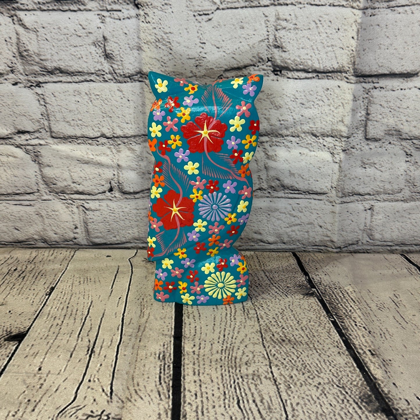 Blue Large Wooden Owl With Flower Pattern 20cm x 8cm Handmade and Fairtrade4