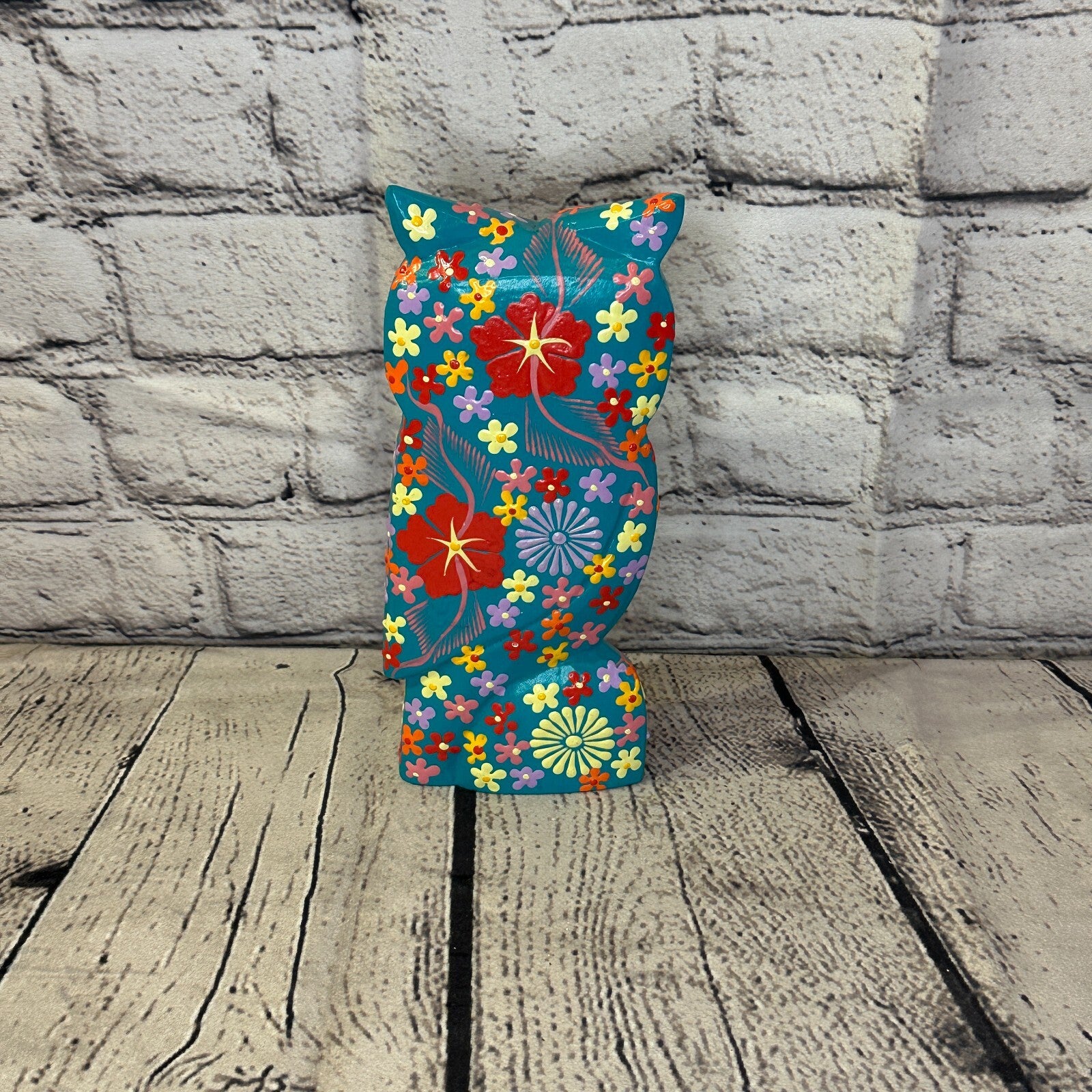 Blue Large Wooden Owl With Flower Pattern 20cm x 8cm Handmade and Fairtrade4