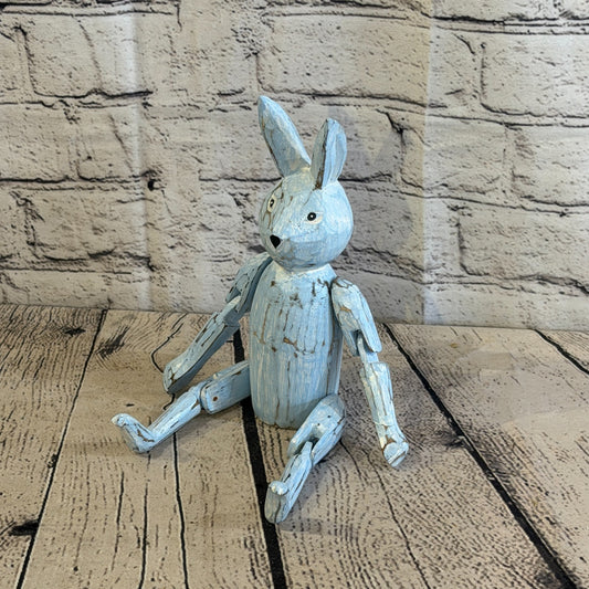 20cm Blue Bunny Rabbit Sitting Animal, Wooden Shelf Ornament Handmade Fairtrade0