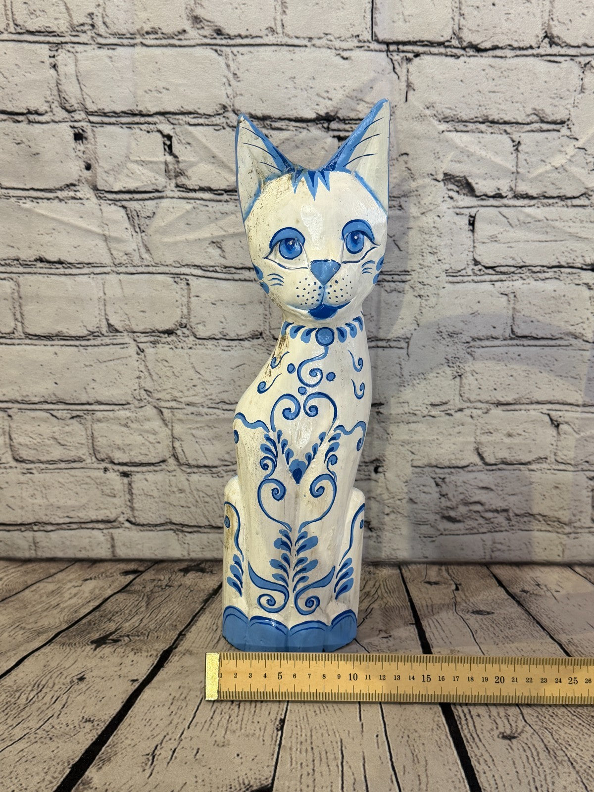 40cm Blue White Flower Wooden Shabby Cat Statue Ornament Fair Trade Handcarved6
