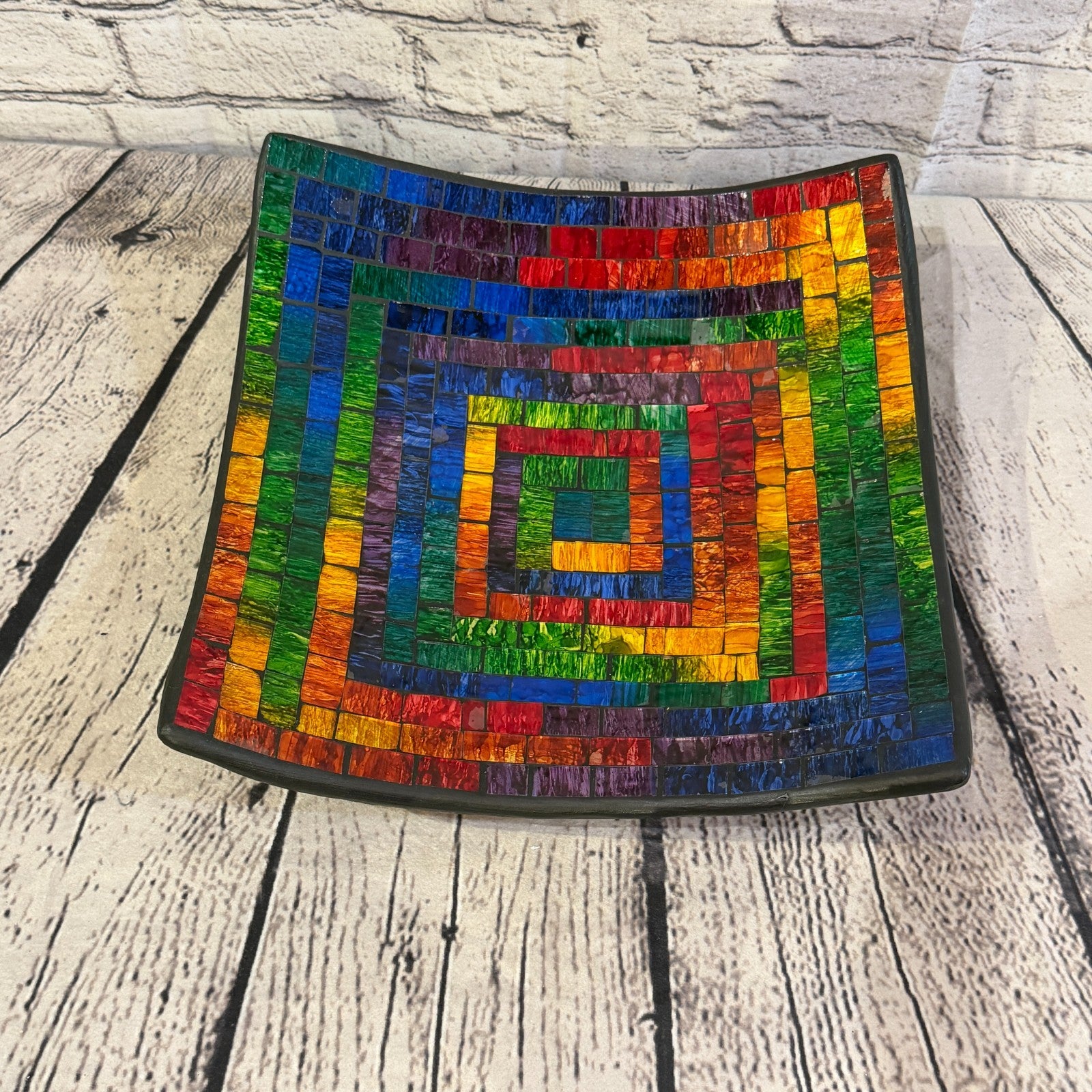 30cm Rainbow Swirl Square Mosaic Handmade Ceramic Glass Tile Bowl Fruit0