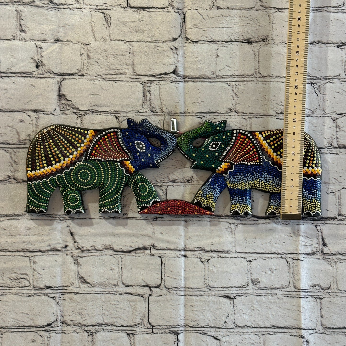 45cm 2 Elephants Carved Wooden Dot Painted Ethnic Tribal Tiki Wall Handmade No 34