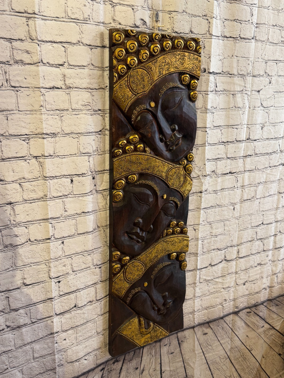 100cm x 30cm Gold Brown 3 Buddha Wall Art Plaque Handcarved Wooden Wood Panel1