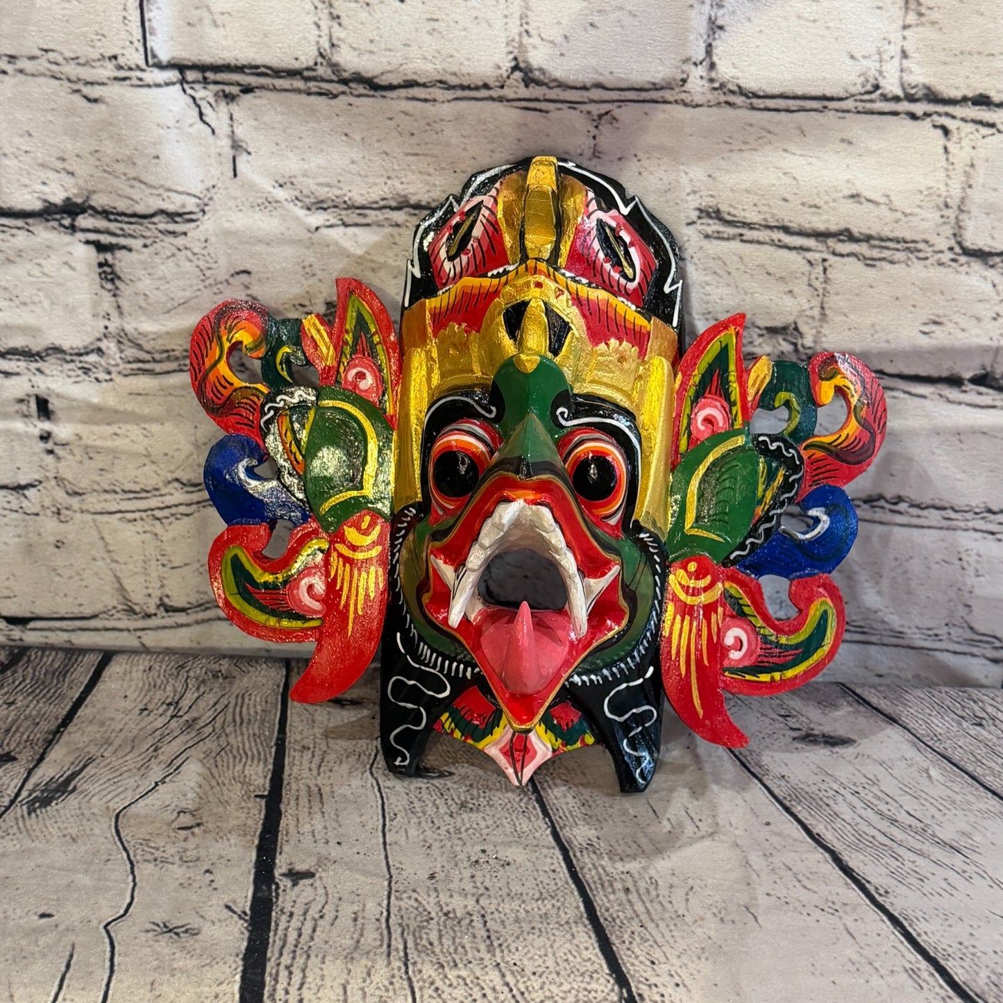 25cm Garuda Crown Green Demon Dragon Hindu Deity Wooden Hand Carved Mask Painted2